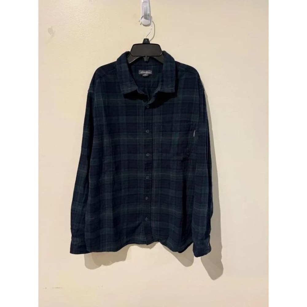 Eddie Bauer Flannel Shirt Navy Blue Green Plaid Cotton Button Up Men's XL